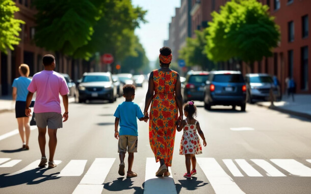 Γιαγιά διασχίζει το δρόμο κρατώντας τα δυο εγγονάκια της από το χέρι.